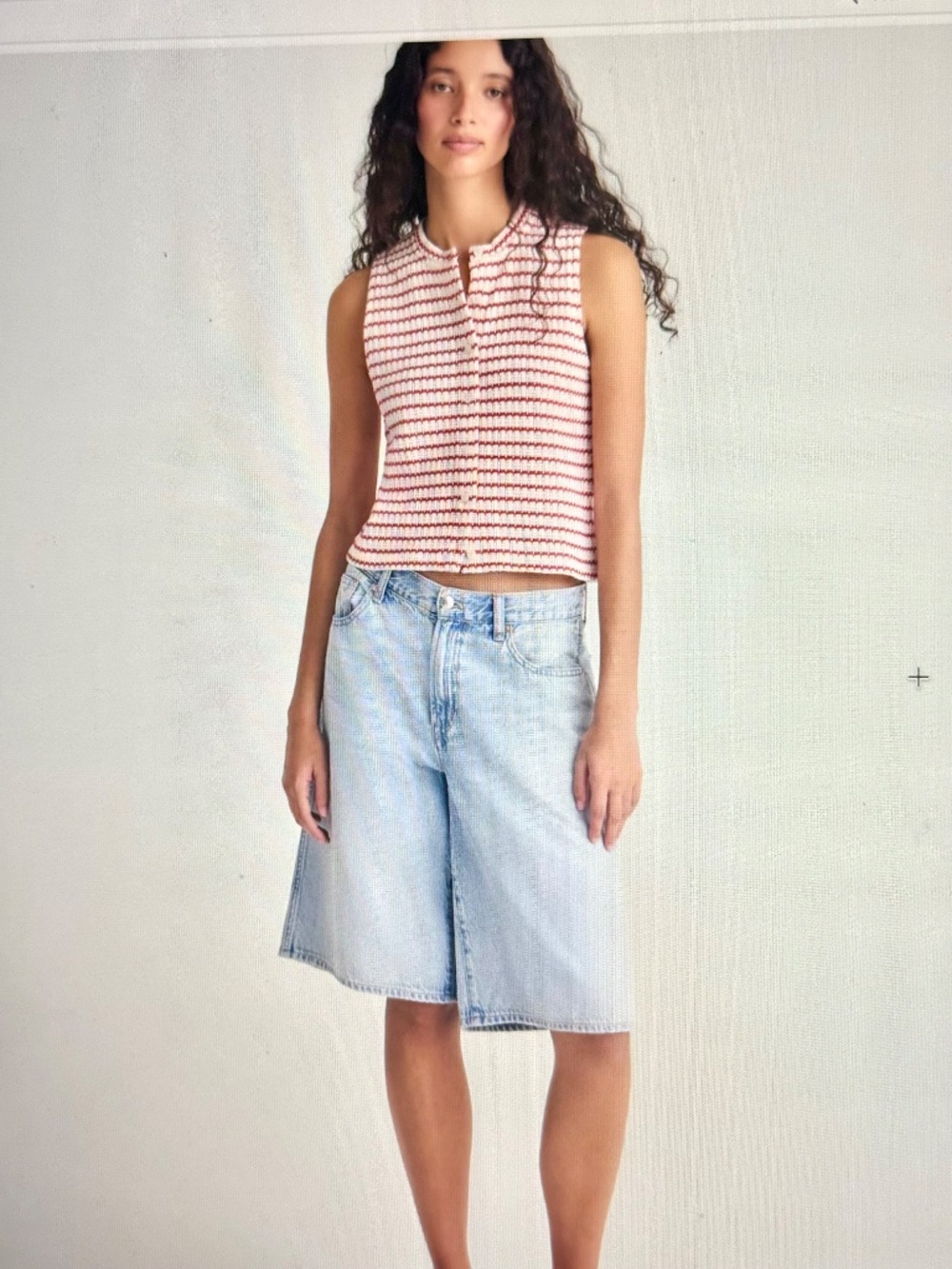 Madewell , Textured-Knit Button- Front Shell Top, Color Vintage Red and White ,M - Picture 2 of 3